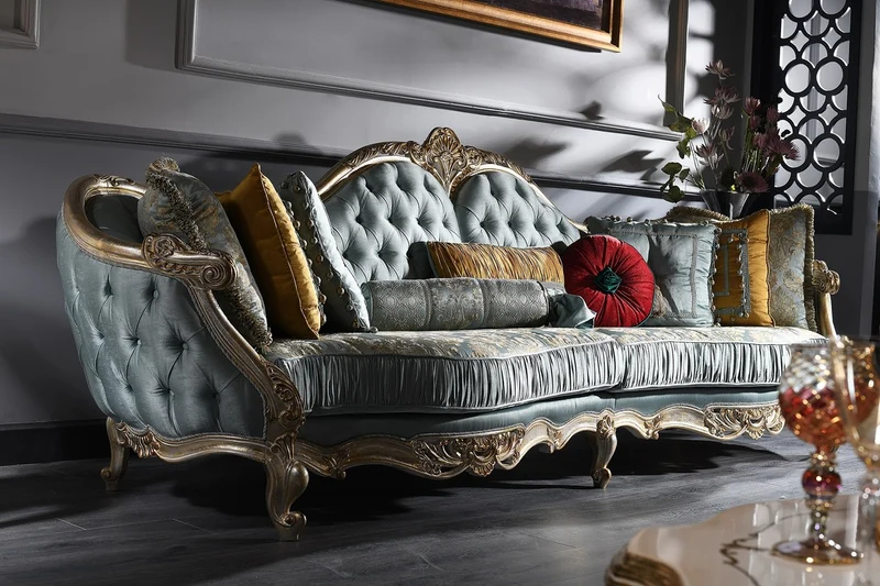 Casa Padrino Luxus Barock Sofa Türkis / Silber / Gold 310 x 99 x H. 113 cm - Prunkvolles Chesterfield Wohnzimmer Sofa im Barockstil