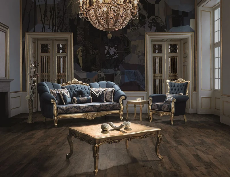 Casa Padrino Luxus Barock Sofa Blau / Gold 220 x 90 x H. 110 cm - Prunkvolles Wohnzimmer Sofa mit Glitzersteinen und dekorativen Kissen