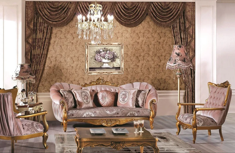 Casa Padrino Luxus Barock Sofa Rosa / Gold 220 x 90 x H. 110 cm - Prunkvolles Wohnzimmer Sofa mit Glitzersteinen und dekorativen Kissen