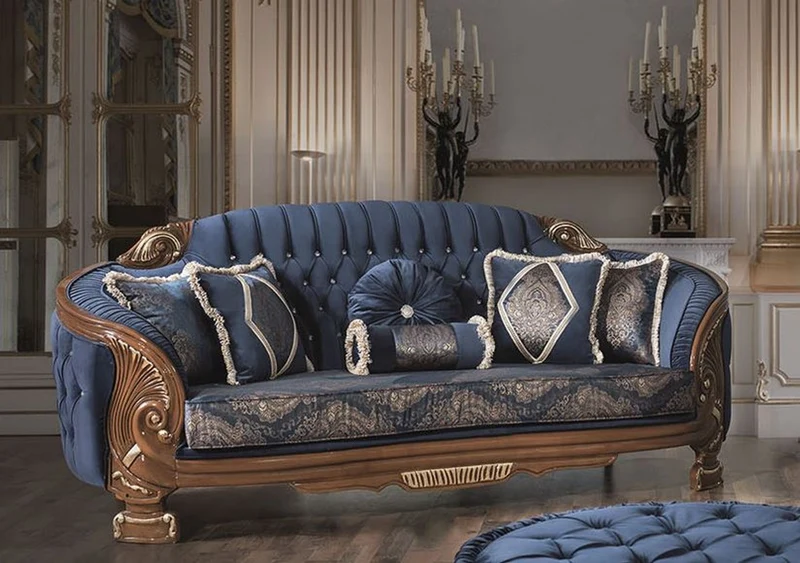 Casa Padrino Luxus Barock Wohnzimmer Sofa mit Glitzersteinen und dekorativen Kissen Blau / Braun 240 x 90 x H. 105 cm - Edel & Prunkvoll