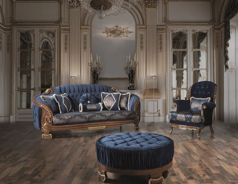 Casa Padrino Luxus Barock Wohnzimmer Sofa mit Glitzersteinen und dekorativen Kissen Blau / Braun 240 x 90 x H. 105 cm - Edel & Prunkvoll