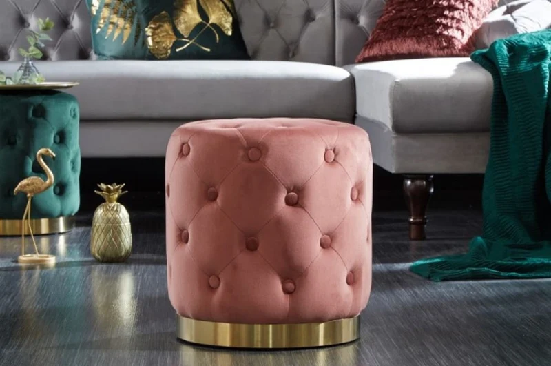 Casa Padrino Chesterfield Samt Hocker Altrosa / Gold Ø 36 x H. 40 cm - Runder Sitzhocker - Chesterfield Möbel