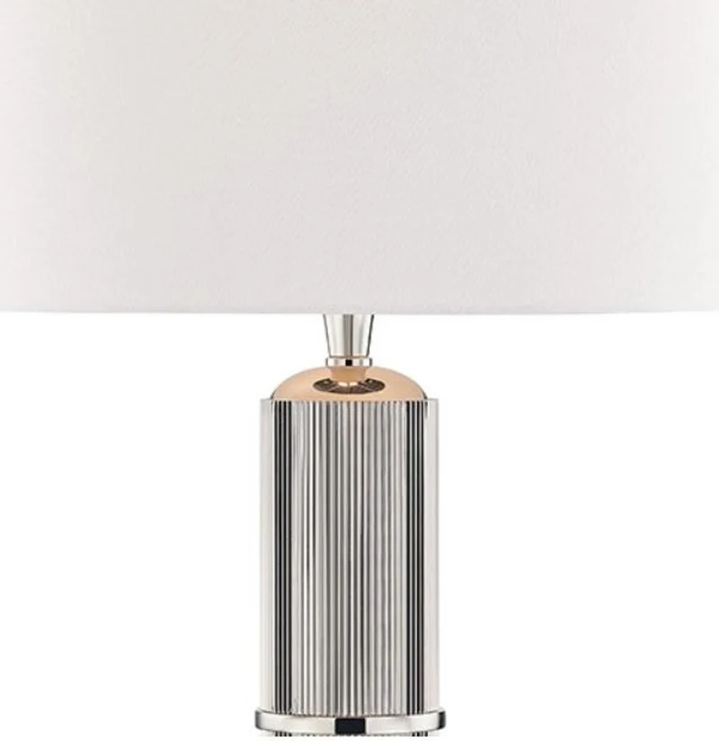 Casa Padrino Luxus Tischleuchte Silber / Weiß Ø 38 x H. 71 cm - Tischlampe mit rundem Leinen Lampenschirm