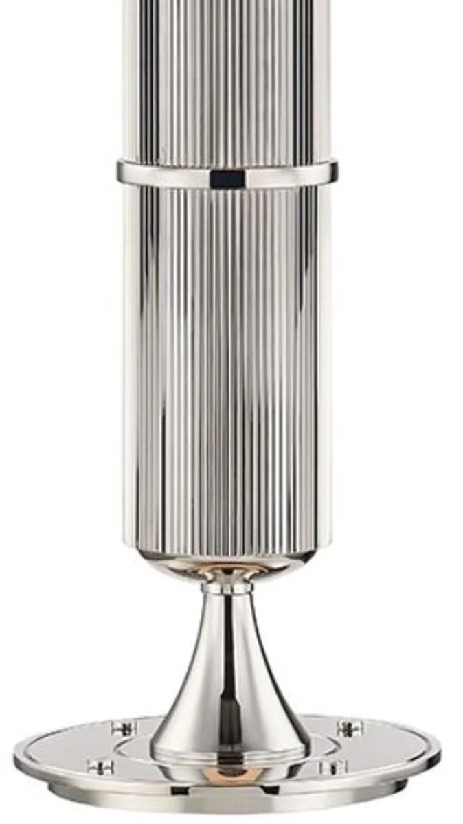 Casa Padrino Luxus Tischleuchte Silber / Weiß Ø 38 x H. 71 cm - Tischlampe mit rundem Leinen Lampenschirm