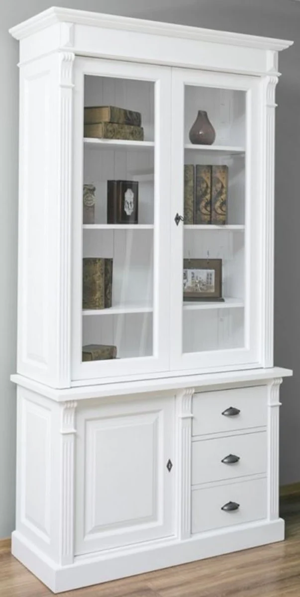 Casa Padrino Landhausstil Massivholz Schrank mit 3 Türen und 3 Schubladen Weiß 120 x 51 x H. 228 cm - Wohnzimmerschrank - Landhausstil Möbel