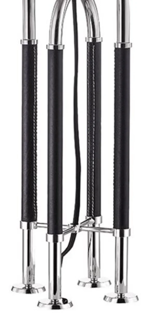 Casa Padrino Luxus Tischleuchte Silber / Schwarz / Weiß Ø 40,6 x H. 73,7 cm - Edle Metall Leuchte mit hochwertigem Leder und Leinen Lampenschirm - Luxus Qualität