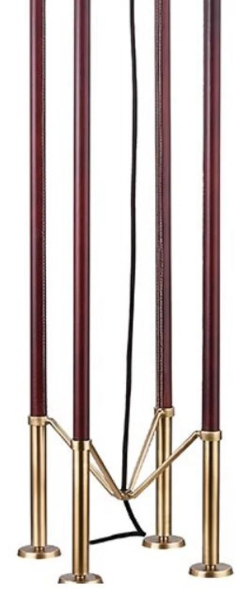 Casa Padrino Luxus Stehleuchte Antik Messingfarben / Braun / Weiß Ø 50,8 x H. 172,7 cm - Edle Metall Leuchte mit hochwertigem Leder und Leinen Lampenschirm - Luxus Qualität