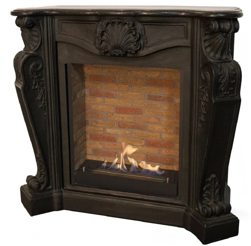 Casa Padrino Jugendstil Kamin mit Biobrenner Schwarz 127,5 x 48,5 x H. 111 cm - Prunkvoller Bioethanolkamin mit edlen Verzierungen und Steindekor - Luxus Qualität