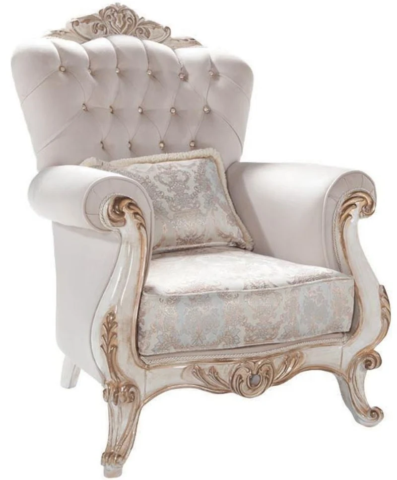 Casa Padrino Luxus Barock Wohnzimmer Sessel mit Kissen Hellgrau / Weiß / Antik Bronze 95 x 75 x H. 120 cm - Möbel im Barockstil