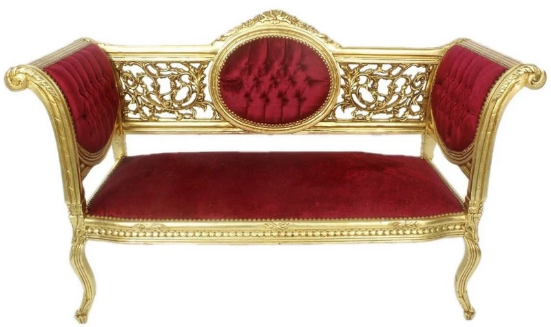 Casa Padrino Barock Sitzbank Bordeauxrot / Gold 155 x 50 x H. 70 cm - Prunkvolle Massivholz Bank mit edlem Samtstoff - Barockmöbel