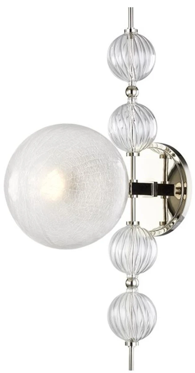 Casa Padrino Luxus Wandleuchte Silber 19 x 29 x H. 56 cm - Moderne Metall Wandlampe mit geriffelten spiralförmigen Hohlglaskugeln und kugelförmigem Glas Lampenschirm