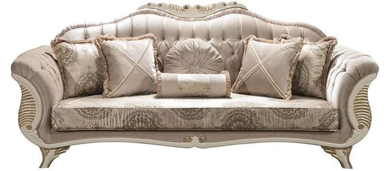 Casa Padrino Luxus Barock Wohnzimmer Sofa mit Glitzersteinen und dekorativen Kissen Grau / Creme / Gold 220 x 80 x H. 100 cm - Edle Barockstil Möbel