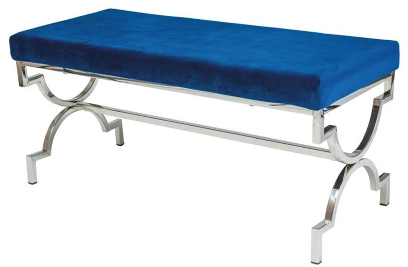 Casa Padrino Luxus Sitzbank Marineblau / Silber 99 x 43 x H. 46 cm - Gepolsterte Samt Bank mit verchromtem Edelstahl Gestell - Wohnzimmer Möbel