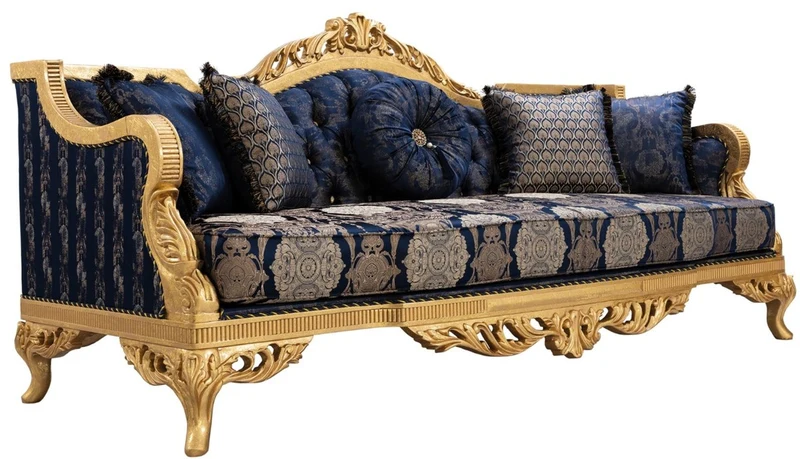 Casa Padrino Luxus Barock Wohnzimmer Set Dunkelblau / Gold - 2 Sofas & 2 Sessel & 1 Couchtisch - Prunkvolle Barock Wohnzimmer Möbel