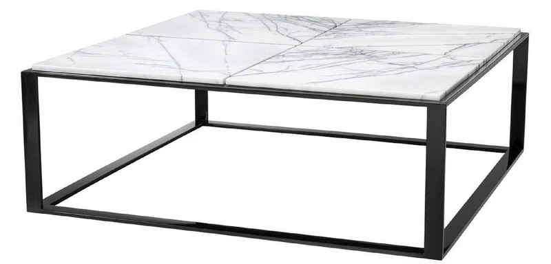 Casa Padrino Luxus Couchtisch Hochglanzschwarz / Weiß-Lila 100 x 100 x H. 35 cm - Edelstahl Wohnzimmertisch mit Marmorplatte - Luxus Wohnzimmer Möbel