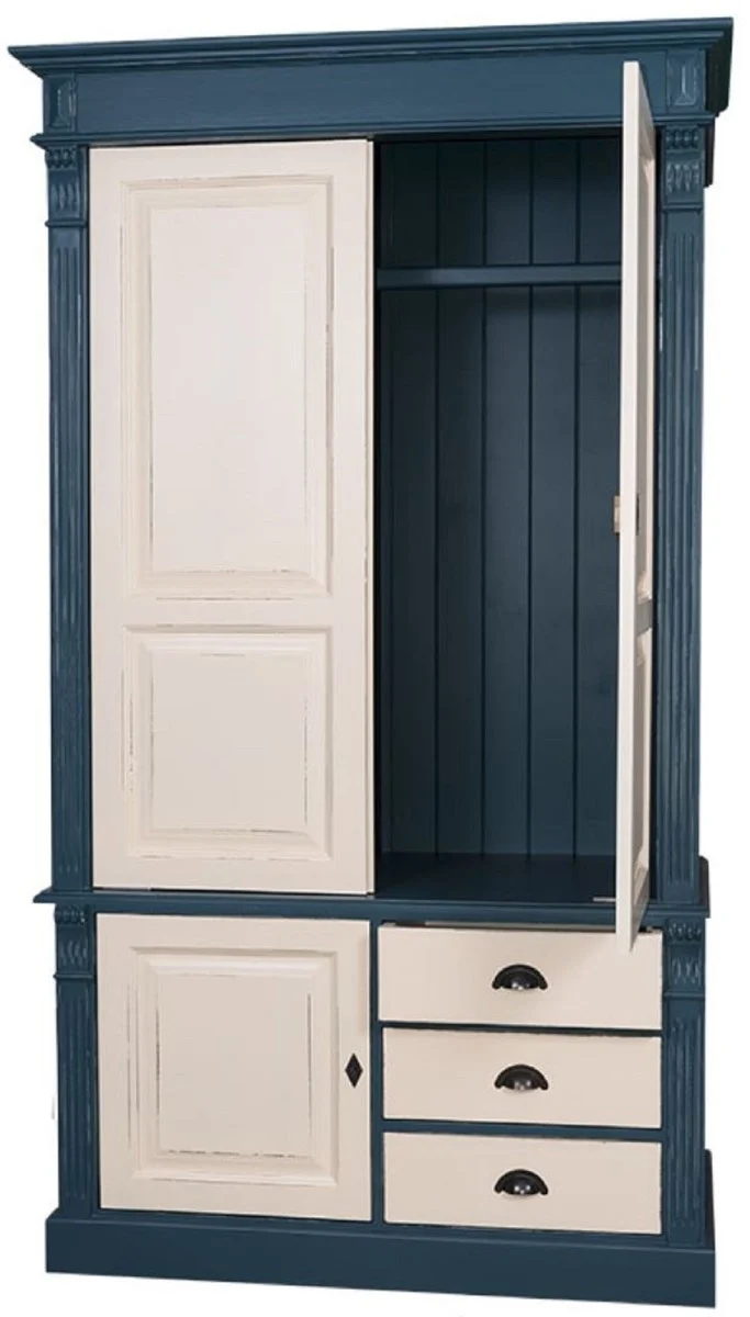 Casa Padrino Landhausstil Kleiderschrank Antik Blau / Antik Cremefarben 120 x 59 x H. 210 cm - Massivholz Schlafzimmerschrank mit 3 Türen und 3 Schubladen - Landhausstil Schlafzimmermöbel