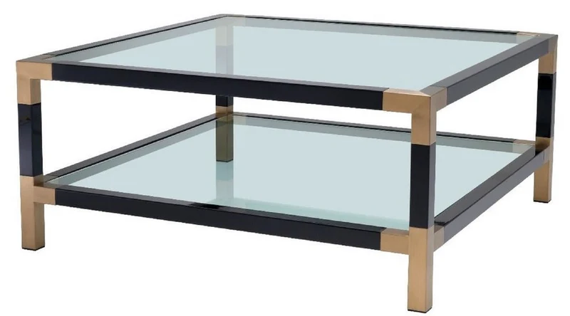 Casa Padrino Luxus Couchtisch Schwarz / Messing 100 x 100 x H. 45 cm - Wohnzimmertisch mit Glasplatten - Luxus Möbel