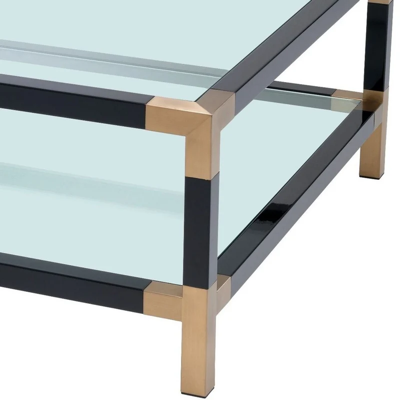 Casa Padrino Luxus Couchtisch Schwarz / Messing 100 x 100 x H. 45 cm - Wohnzimmertisch mit Glasplatten - Luxus Möbel