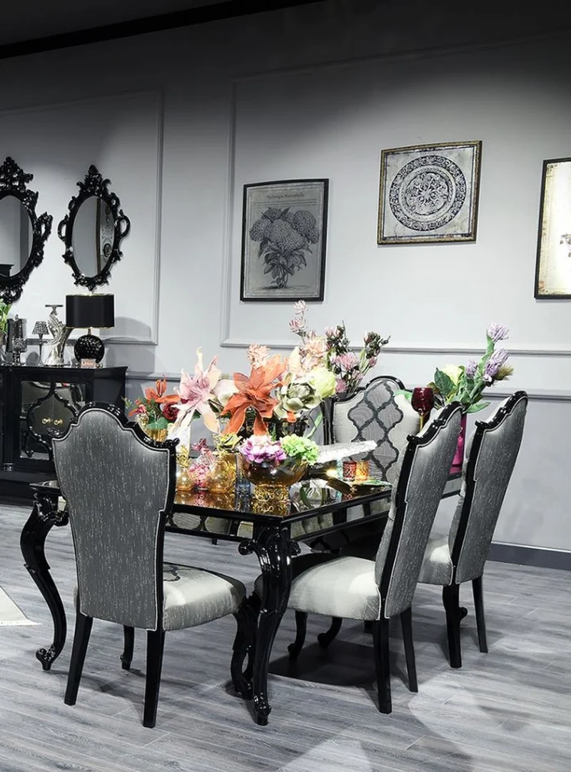 Casa Padrino Luxus Barock Esszimmer Set Silber / Grau / Schwarz - 1 Esstisch & 6 Esszimmerstühle - Esszimmermöbel im Barockstil - Luxus Qualität - Made in Italy
