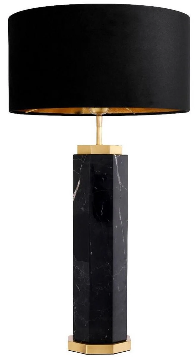 Casa Padrino Luxus Tischleuchte Schwarz / Antik Messing Ø 40 x H. 72,5 cm - Moderne Marmor Tischlampe mit rundem Lampenschirm - Luxus Qualität