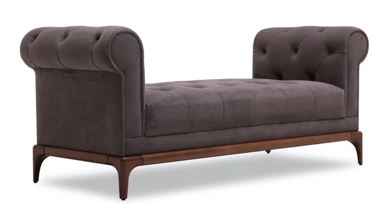 Casa Padrino Luxus Chesterfield Sitzbank Lila / Braun 150 x 58 x H. 67 cm - Moderne gepolsterte Massivholz Bank mit edlem Samtstoff - Luxus Qualität