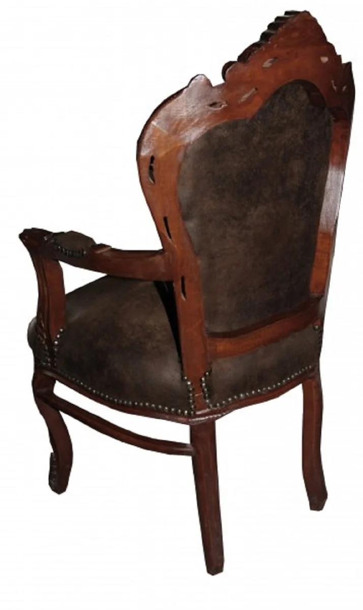 Casa Padrino Barock Esszimmer Set Braun / Braun Lederoptik 53 x 57 x H. 108 cm - 6 handgefertigte Esszimmerstühle mit Armlehnen - Barockmöbel