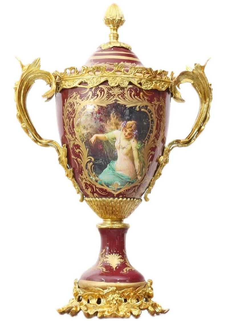 Casa Padrino Barock Säule mit Vase Bordeauxrot / Mehrfarbig / Gold - Prunkvolles Deko Set im Barockstil