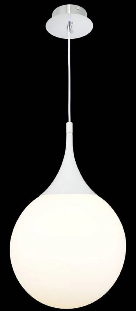 Casa Padrino LED Hängeleuchte Silber / Weiß Ø 30 x H. 150 cm - Pendelleuchte mit Mattglas Lampenschirm
