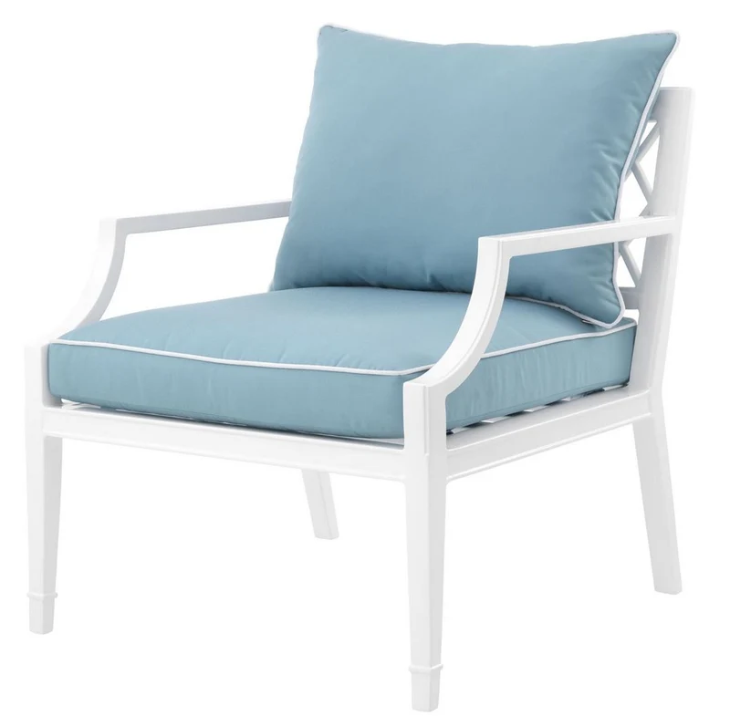 Casa Padrino Luxus Sessel mit Kissen Weiß / Hellblau 68,5 x 80 x H. 79 cm - Sessel aus hochwertigen strapazierbarem Aluminium - Wohnzimmermöbel - Gartenmöbel - Gastronomie Möbel