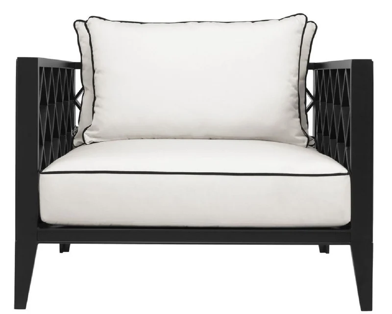 Casa Padrino Luxus Wohnzimmer Sessel mit Kissen Mattschwarz / Weiß 96,5 x 93,5 x H. 68,5 cm - Wohnzimmer Möbel