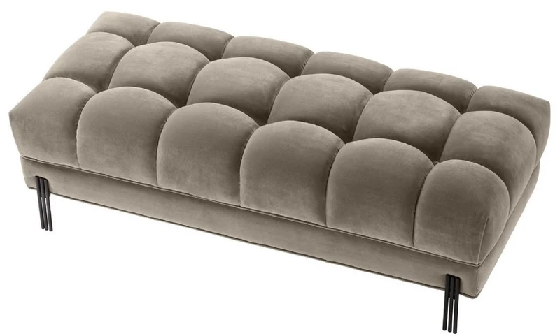 Casa Padrino Luxus Sitzbank Greige / Schwarz 133 x 59 x H. 42 cm - Gepolsterte Samt Bank mit Edelstahl Beinen - Luxus Kollektion