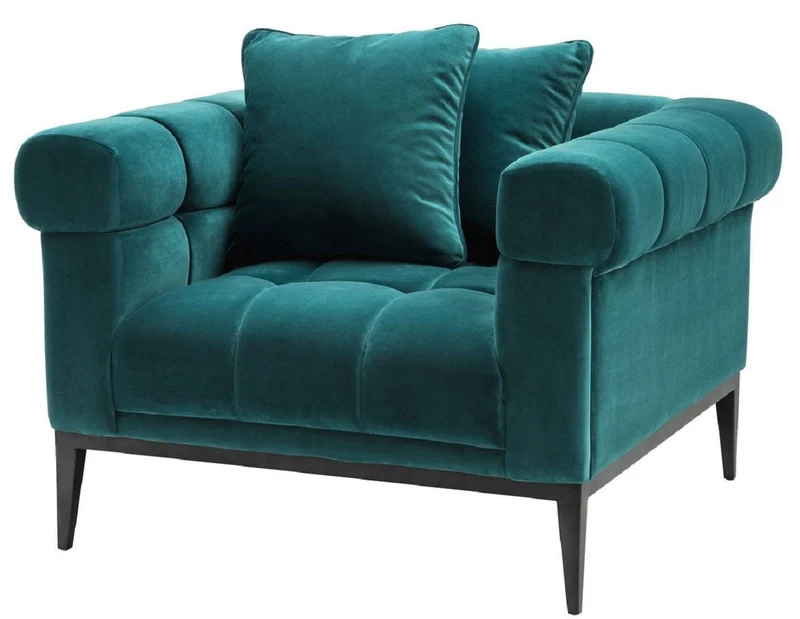 Casa Padrino Luxus Samt Sessel Meergrün / Schwarz 102 x 98 x H. 69 cm - Wohnzimmer Sessel mit 2 Kissen - Wohnzimmer Möbel - Luxus Möbel