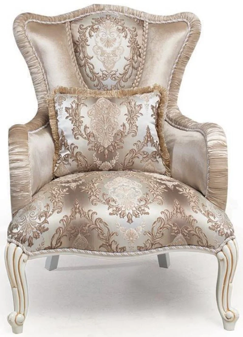 Casa Padrino Luxus Barock Sessel mit Kissen Beige / Weiß / Gold 83 x 96 x H. 102 cm - Barock Wohnzimmer Möbel