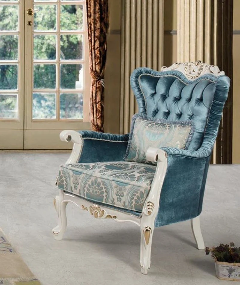 Casa Padrino Luxus Barock Wohnzimmer Sessel mit Kissen Blau / Weiß / Gold 87 x 76 x H. 115 cm - Barock Möbel - Edel & Prunkvoll