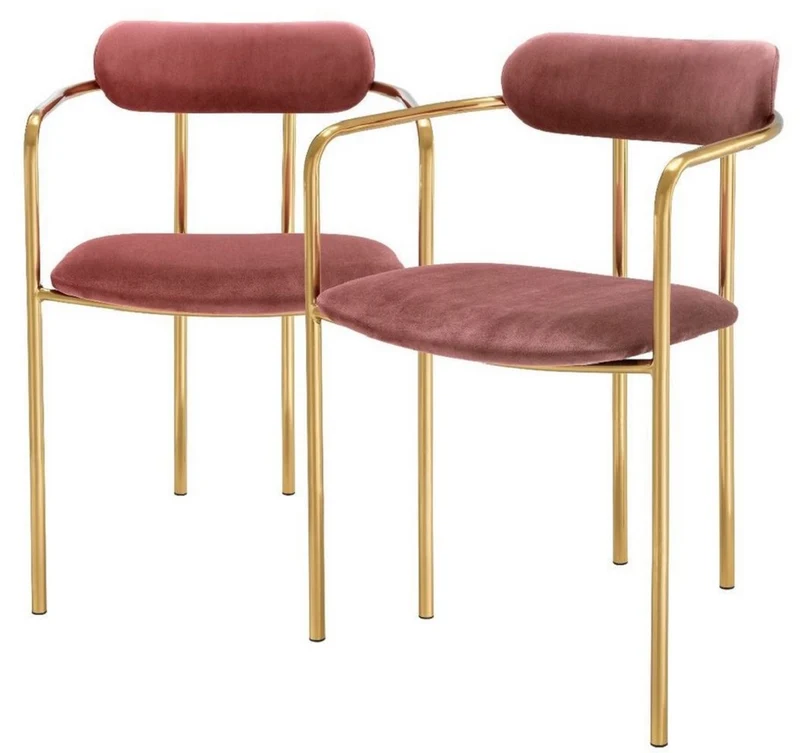Casa Padrino Luxus Esszimmerstühle mit Armlehnen Rosa / Gold 53 x 50 x H. 74 cm - Küchenstühle mit edlem Samtstoff - Esszimmer Set - Esszimmer Möbel