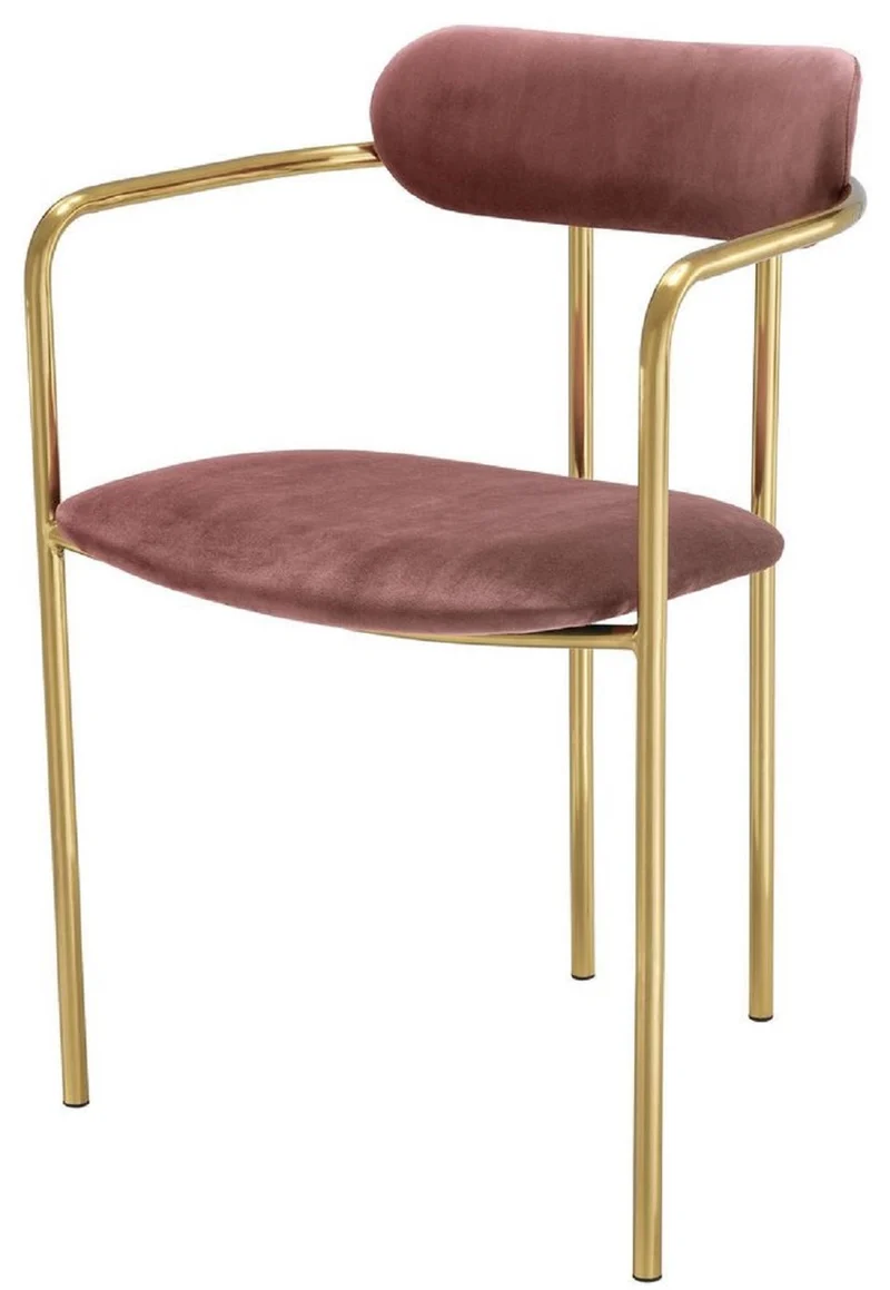 Casa Padrino Luxus Esszimmerstühle mit Armlehnen Rosa / Gold 53 x 50 x H. 74 cm - Küchenstühle mit edlem Samtstoff - Esszimmer Set - Esszimmer Möbel
