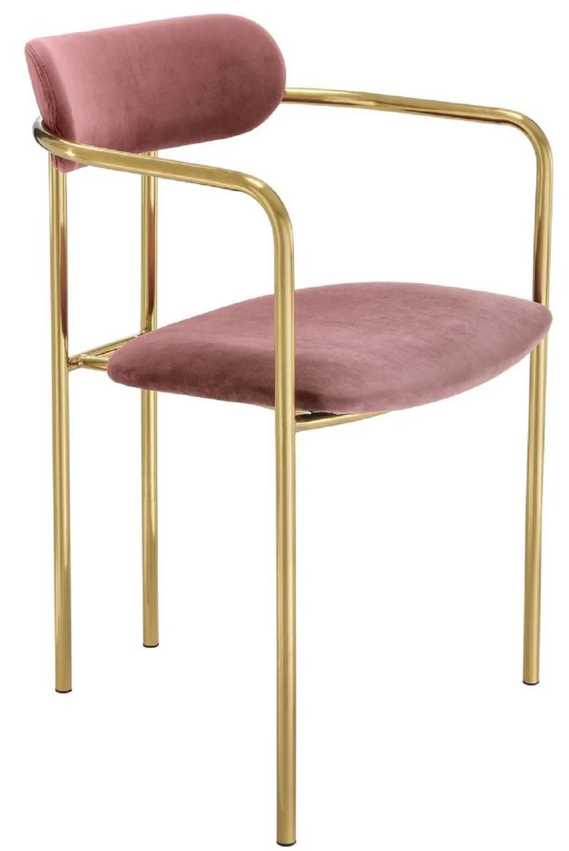 Casa Padrino Luxus Esszimmerstühle mit Armlehnen Rosa / Gold 53 x 50 x H. 74 cm - Küchenstühle mit edlem Samtstoff - Esszimmer Set - Esszimmer Möbel