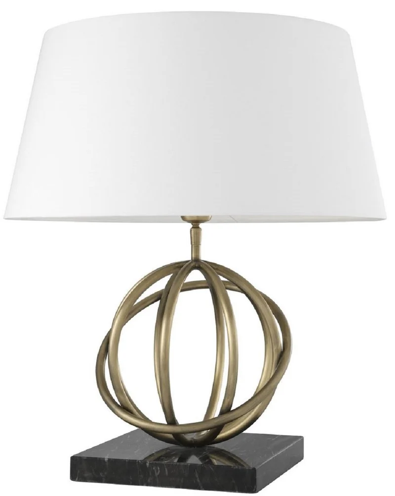 Casa Padrino Luxus Tischleuchte Antik Messing / Schwarz / Weiß Ø 50 x H. 57 cm - Messing Tischlampe mit Marmorsockel und rundem Lampenschirm