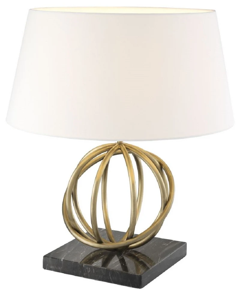 Casa Padrino Luxus Tischleuchte Antik Messing / Schwarz / Weiß Ø 50 x H. 57 cm - Messing Tischlampe mit Marmorsockel und rundem Lampenschirm