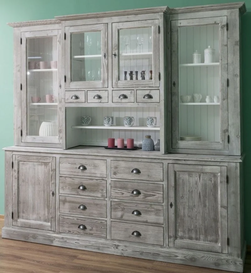Casa Padrino Landhausstil Küchenschrank Grau / Weiß 244 x 47 x H. 225 cm - 2 Teiliger Schrank mit 6 Türen und 12 Schubladen - Landhausstil Küchenmöbel