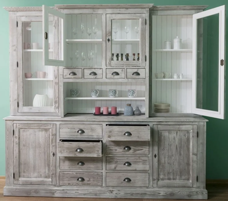 Casa Padrino Landhausstil Küchenschrank Grau / Weiß 244 x 47 x H. 225 cm - 2 Teiliger Schrank mit 6 Türen und 12 Schubladen - Landhausstil Küchenmöbel