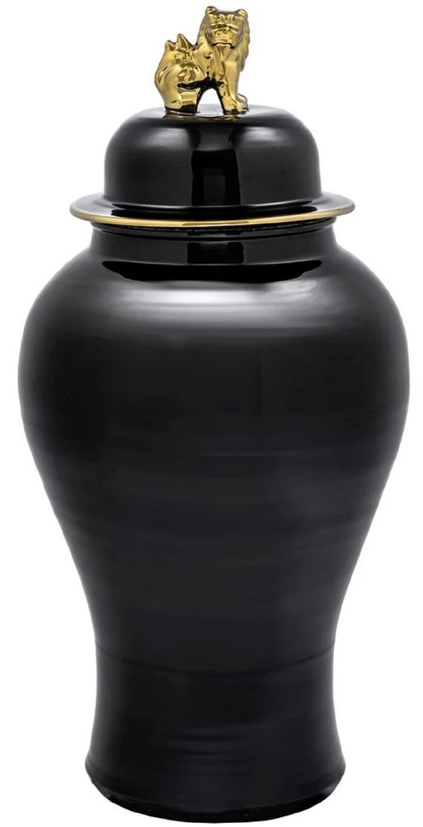 Casa Padrino Luxus Deko Vase Schwarz / Gold Ø 42 x H. 90 cm - Chinesische Porzellan Vase mit Deckel