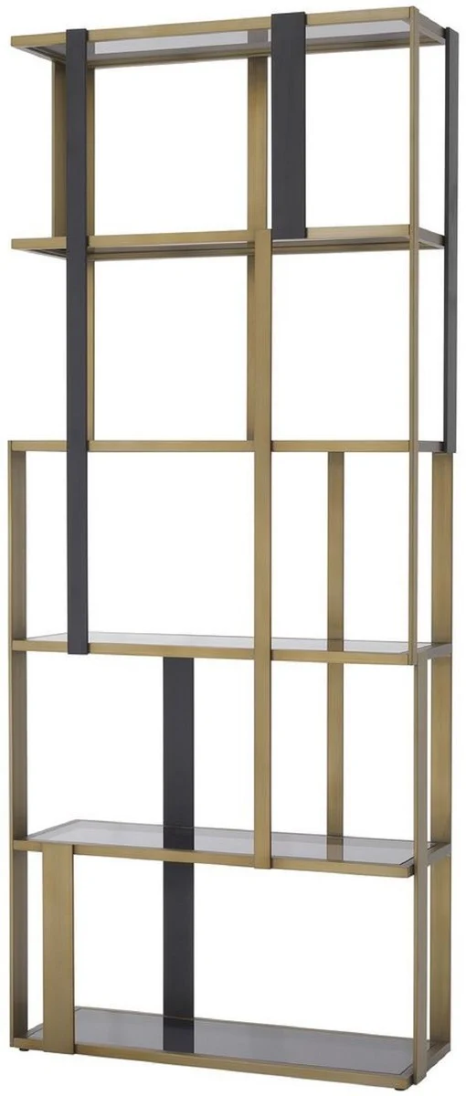 Casa Padrino Luxus Regalschrank Messing / Mattschwarz / Grau 100 x 37 x H. 240,5 cm - Edelstahl Schrank mit 5 Glasregalen - Wohnzimmerschrank - Büroschrank - Luxus Möbel