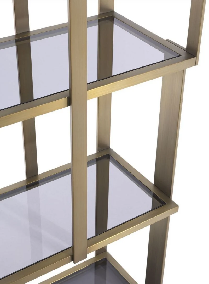 Casa Padrino Luxus Regalschrank Messing / Mattschwarz / Grau 100 x 37 x H. 240,5 cm - Edelstahl Schrank mit 5 Glasregalen - Wohnzimmerschrank - Büroschrank - Luxus Möbel