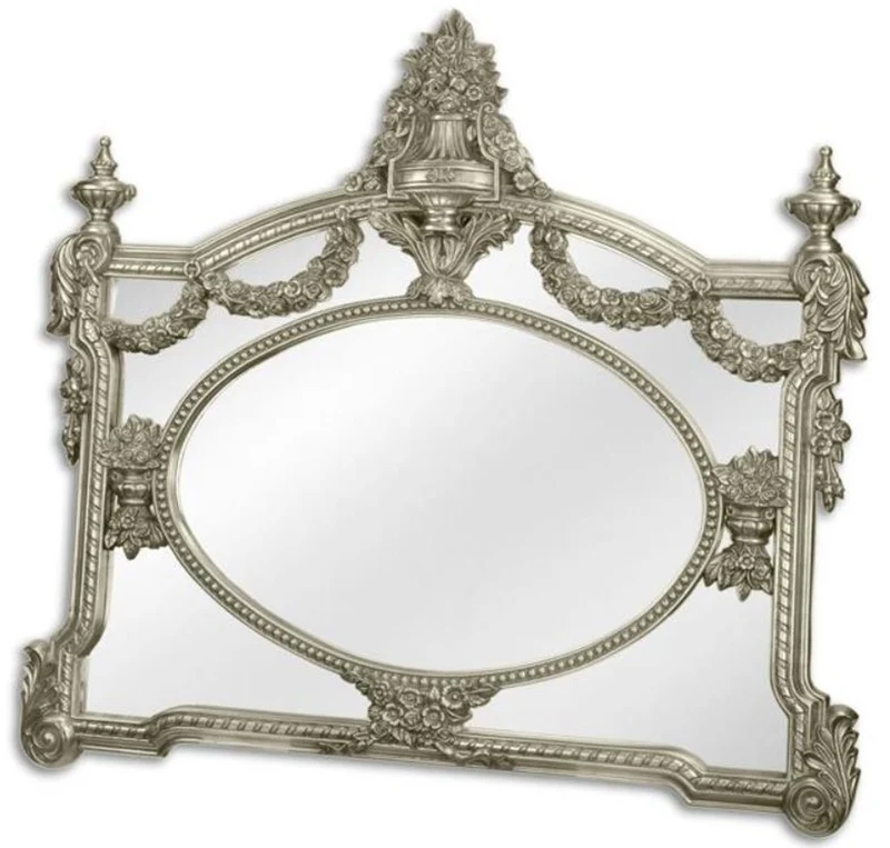Casa Padrino Barock Spiegel Silber 131 x H. 116,5 cm - Garderoben Spiegel - Wohnzimmer Spiegel - Prunkvoller Wandspiegel im Barockstil