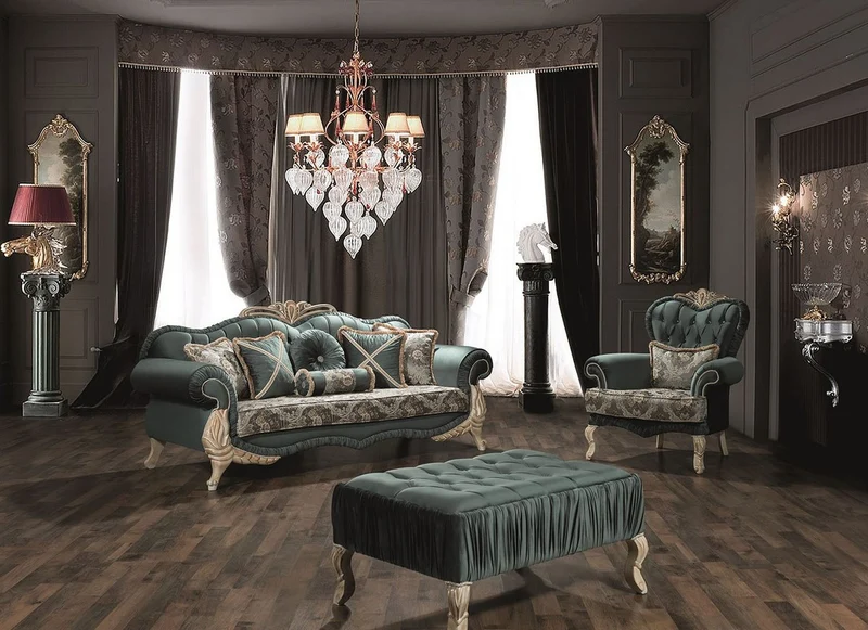 Casa Padrino Luxus Barock Wohnzimmer Sofa mit Glitzersteinen und dekorativen Kissen Grün / Creme / Beige 220 x 85 x H. 100 cm - Möbel im Barockstil