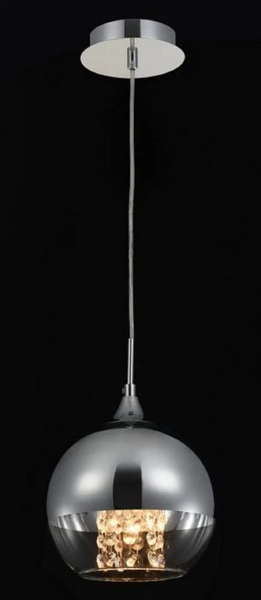Casa Padrino Hängeleuchte Silber Ø 20 x H. 17,5 cm - Hängelampe mit rundem Lampenschirm und feinsten Kristall Behängen