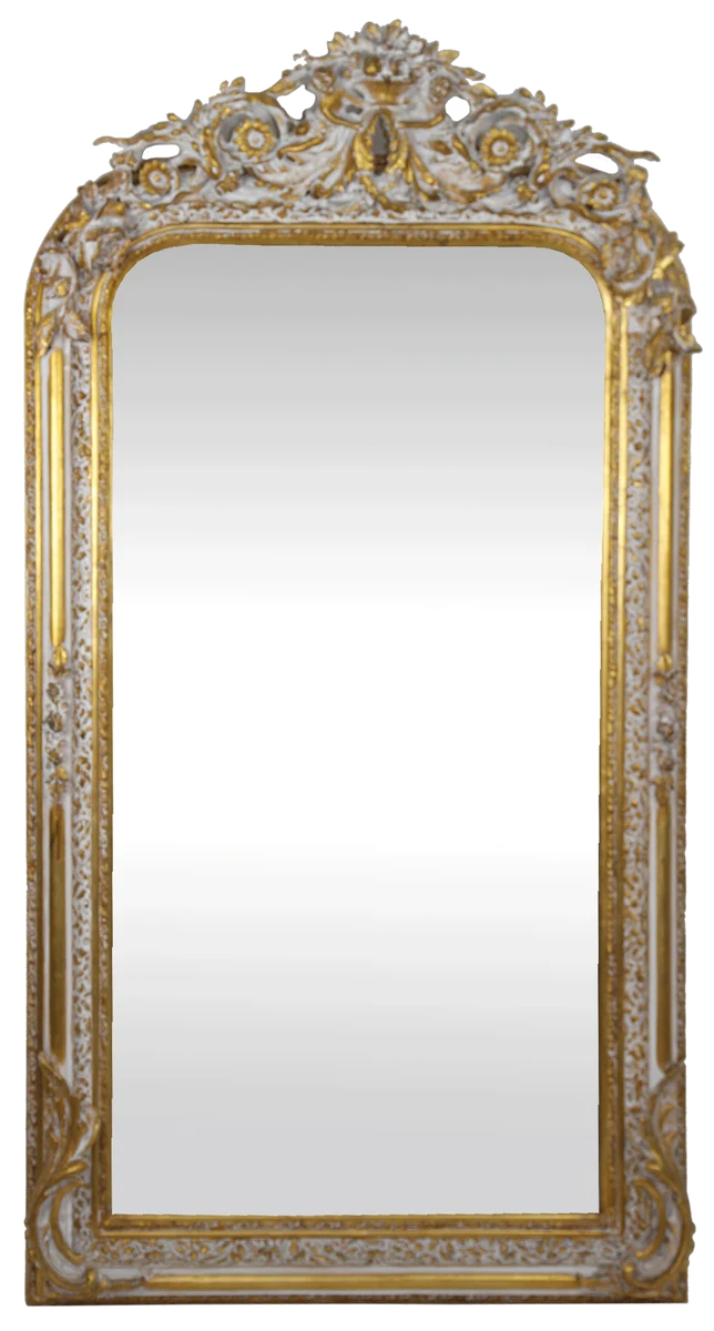 Casa Padrino Barock Wandspiegel Gold / Weiß 85 x H. 160 cm - Barock Spiegel mit wunderschönen Verzierungen - Barock Möbel