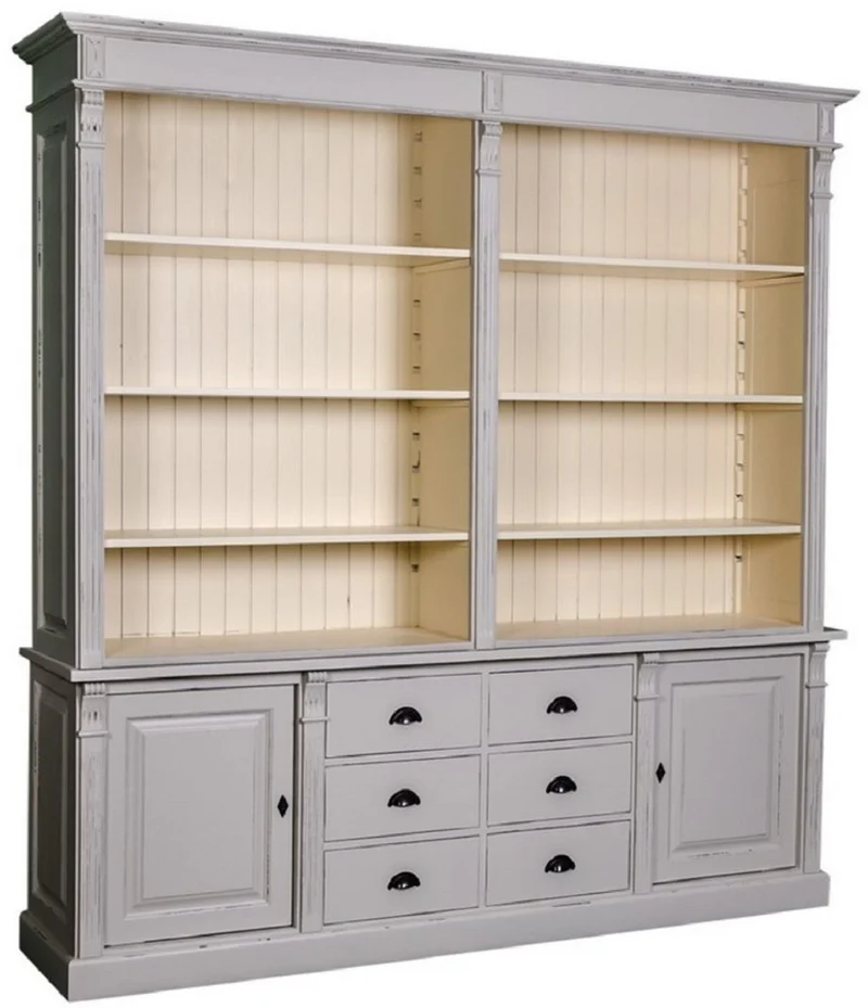 Casa Padrino Landhausstil Bücherschrank Antik Grau / Creme 223 x 51 x H. 240 cm - Wohnzimmerschrank mit 2 Türen und 6 Schubladen - Massivholz Schrank - Landhausstil Möbel