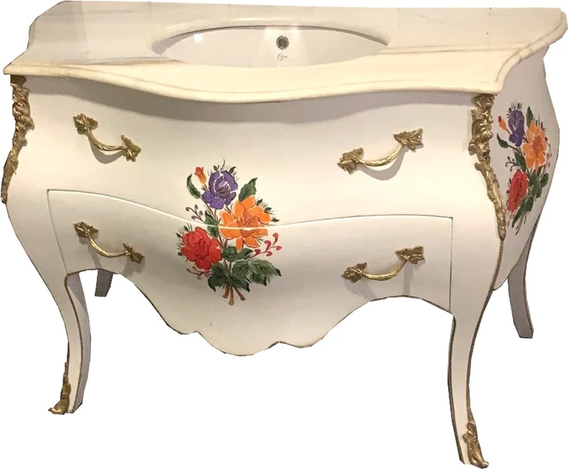 Casa Padrino Luxus Barock Waschtisch Kommode Weiß / Blumenbemalung mit Marmorplatte - Luxus Barock Badezimmermöbel